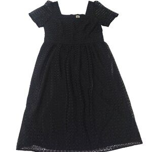Anne Klein Black Eyelet Midi Dress With Square Neckline & Short Sleeves Size 16